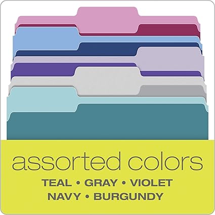 Pendaflex Two Tone Color File Folders, Letter Size, Assorted Colors (Teal, Violet, Gray, Navy and Burgundy), 1/3-Cut Tabs, 5 Color, 100/Box, (02315)